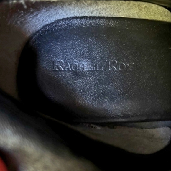 RACHEL Rachel Roy Black Leather Wedge Heel Boot Gold Accents Buckles Size 7 - Picture 10 of 14